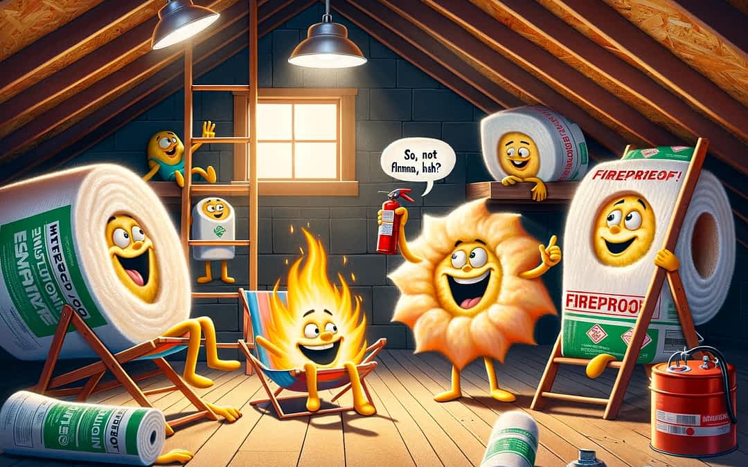 Is Attic Insulation Flammable? A Funny Cartoon of Attic Insulation Cartoon Characters Overjoyed Because they Are Fire Resistant