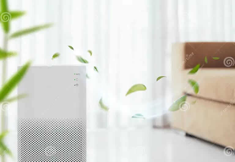 Air Purification Contractor New York - A Picture of an Air Purifier with Leaves Flying By
