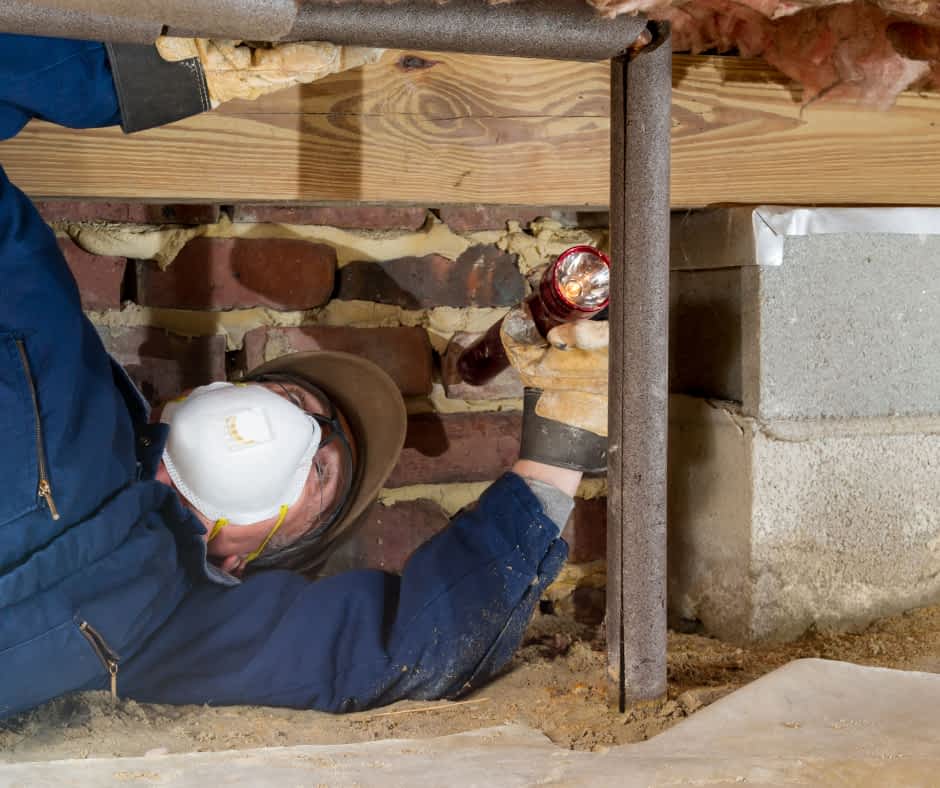 Lally Columns Contractor New York - A Structural Repair Technician Measuring a Crawl Space to Start Lally Column Installation